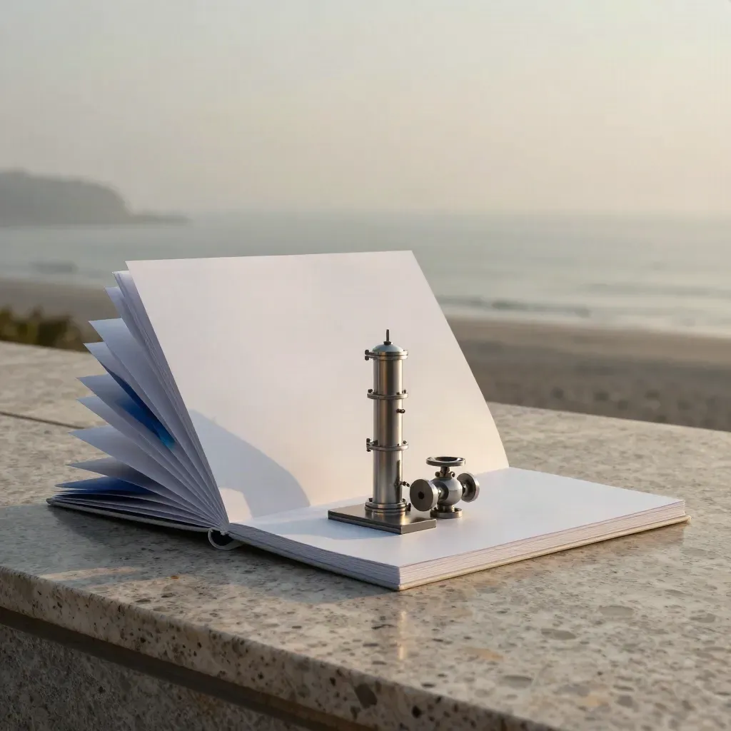 Hydrogen cost model folio with process tower and metal chips on a misty terrace.