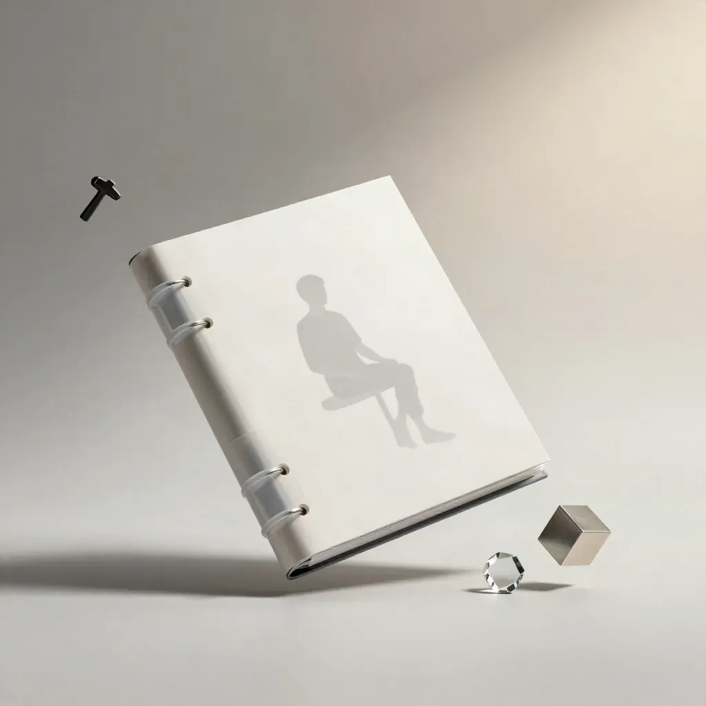 Blank cost-model binder floating with glass chip and steel cube on a pale studio surface