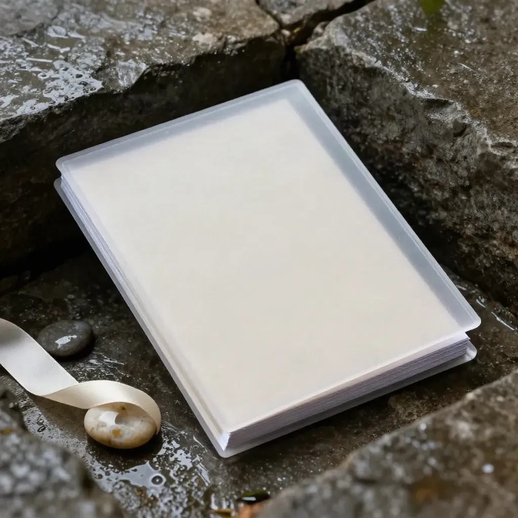 Blank report stack in a frosted sleeve on wet stone with ribbon and pebble, seen from above.