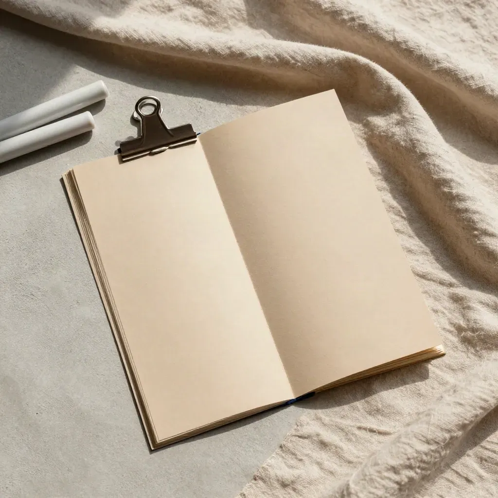 Overhead flatlay of a blank feasibility dossier, sand sheet, charcoal clip and pale ceramic markers in linen.