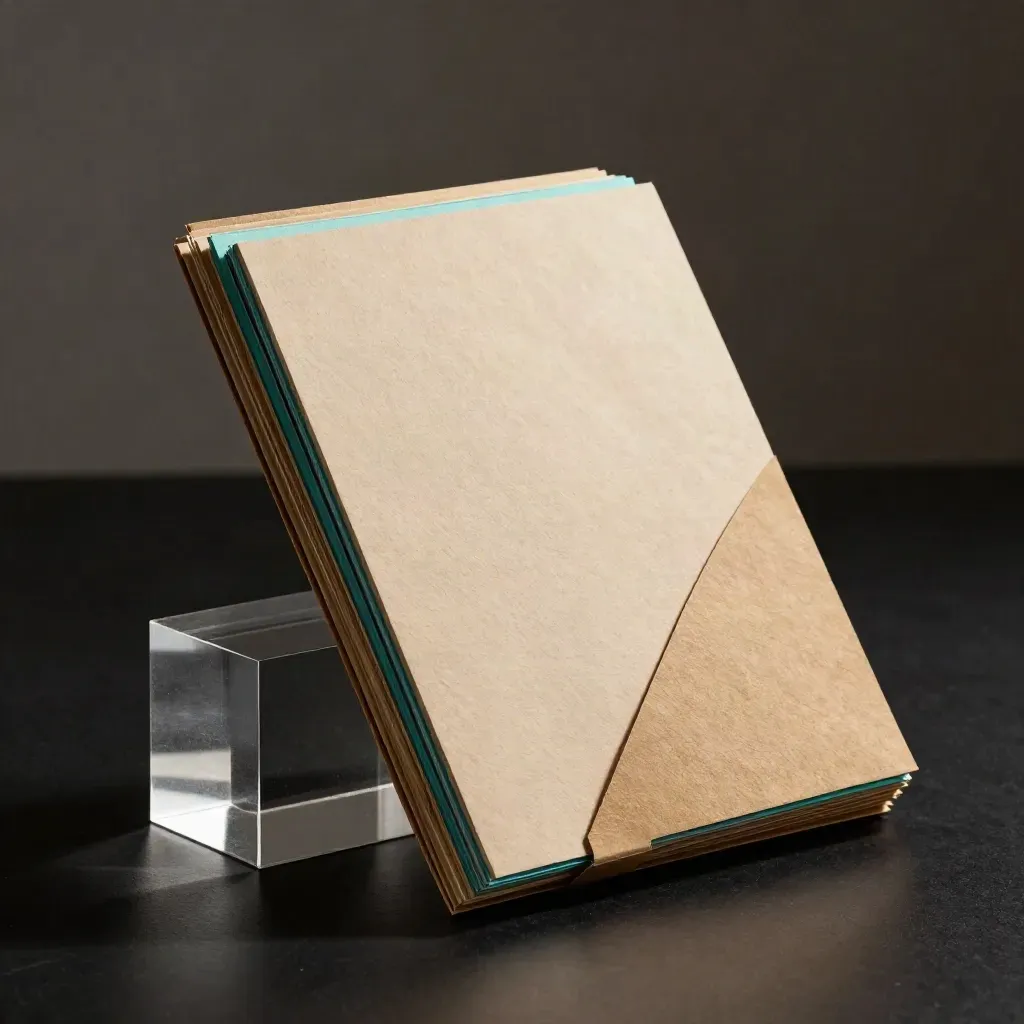 Tabbed policy packet with acrylic block and kraft strip on a dark studio surface, lit dramatically.
