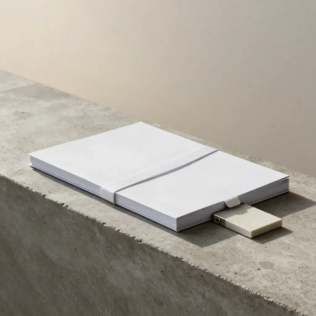 Blank sizing guide folio, aluminum component and ceramic sample on brushed concrete.