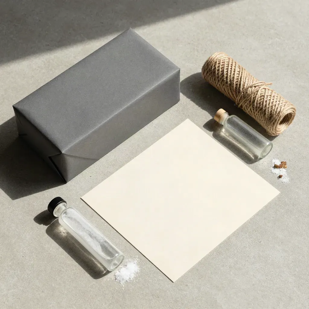 Overhead flatlay of a graphite briefing box, twine coil, and glass vial on salt-washed concrete.