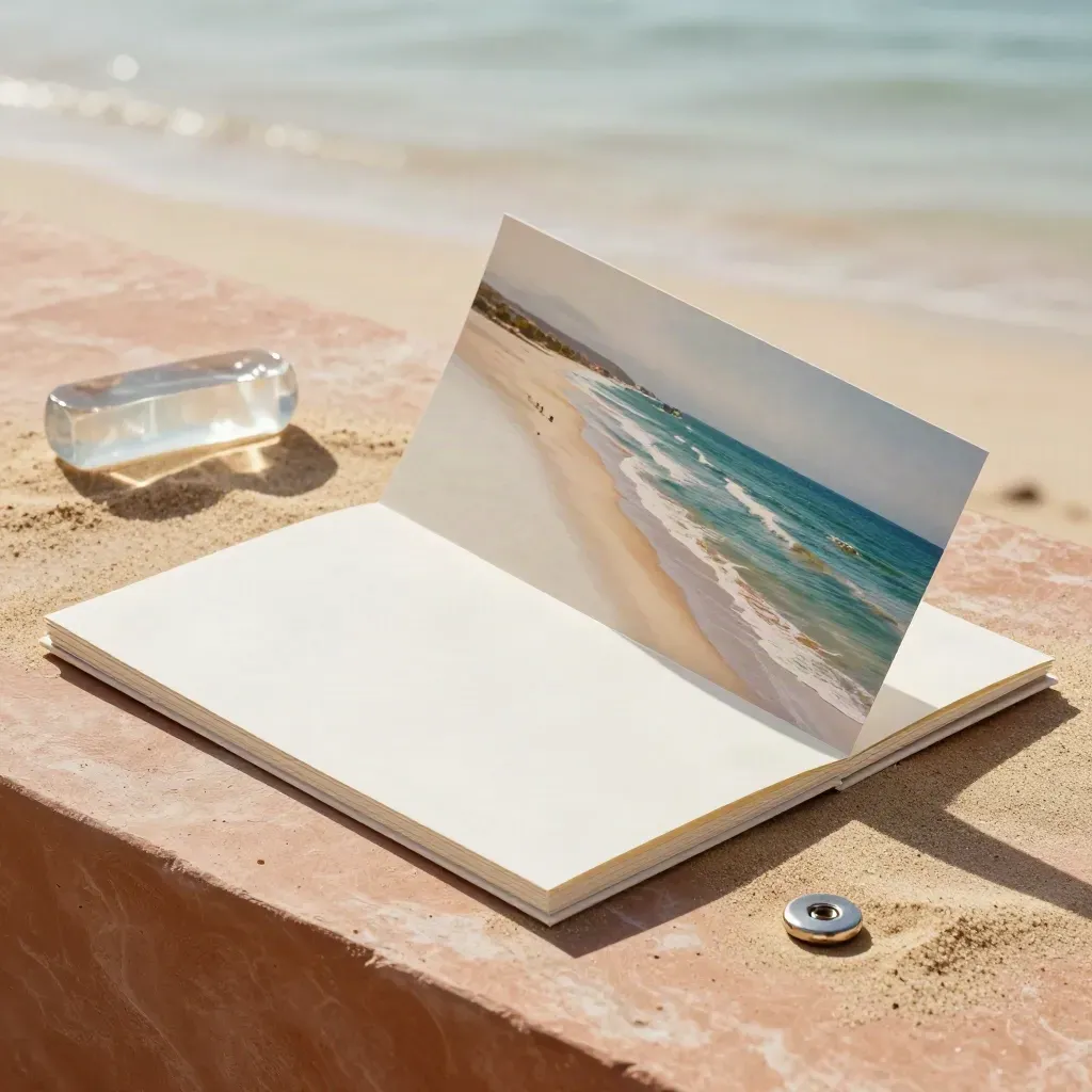 Unbranded hydrogen case-study folio with resin model and steel fastener on a pale studio plinth.