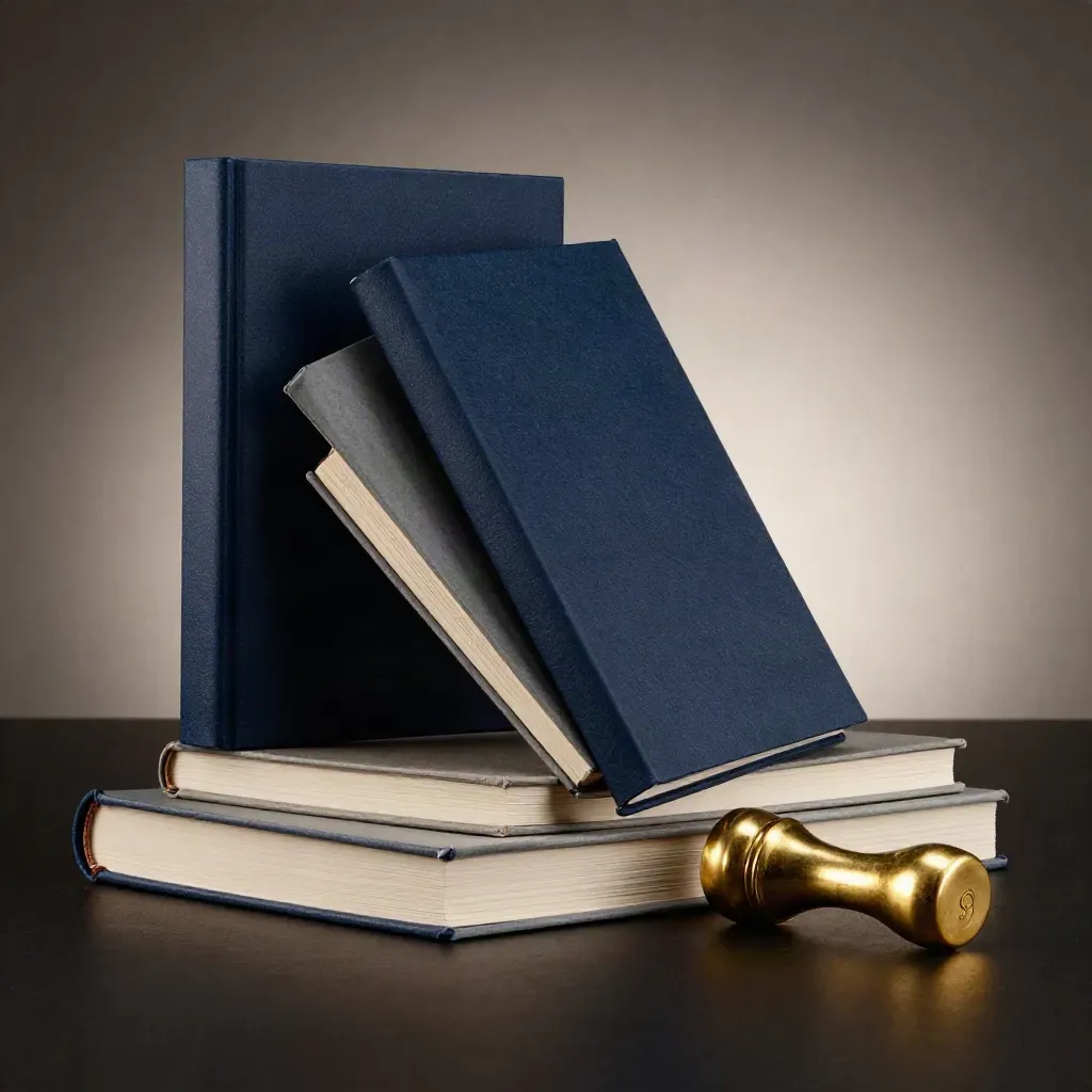Diagonally arranged blank report volumes, model ledger box and brass spacer on black studio surface.