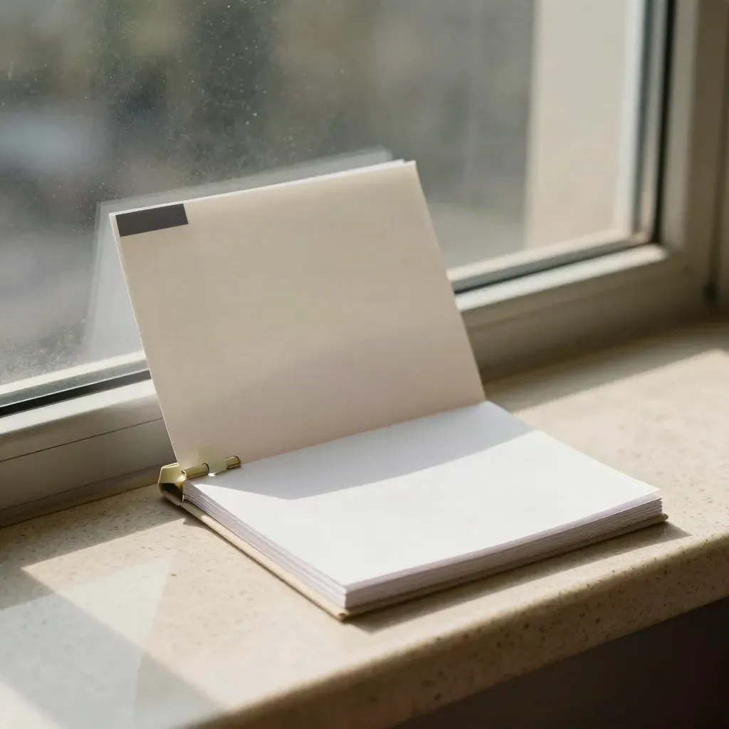 Slim translucent monthly brief booklet half-slid from a linen sleeve on travertine in soft daylight.