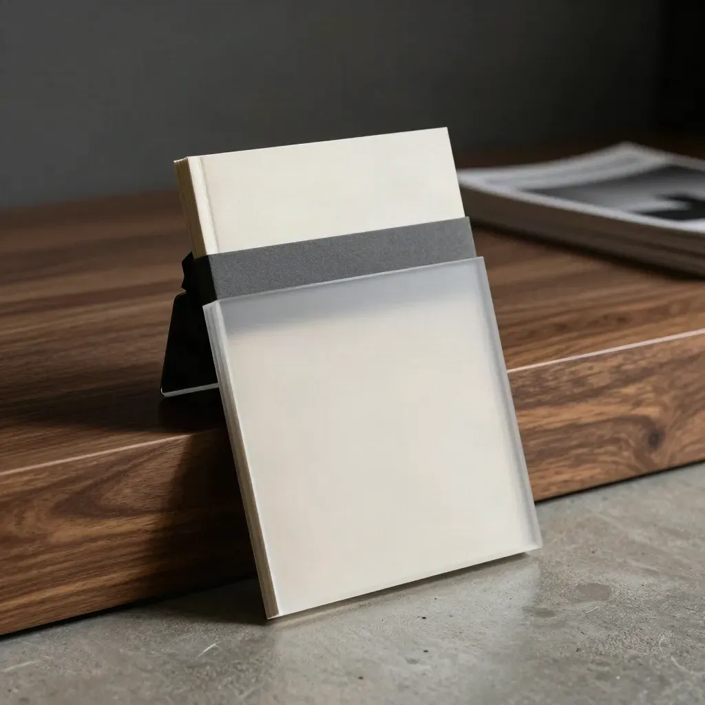 Compact hydrogen risk-scan folio with acrylic block and steel edge on a walnut shelf