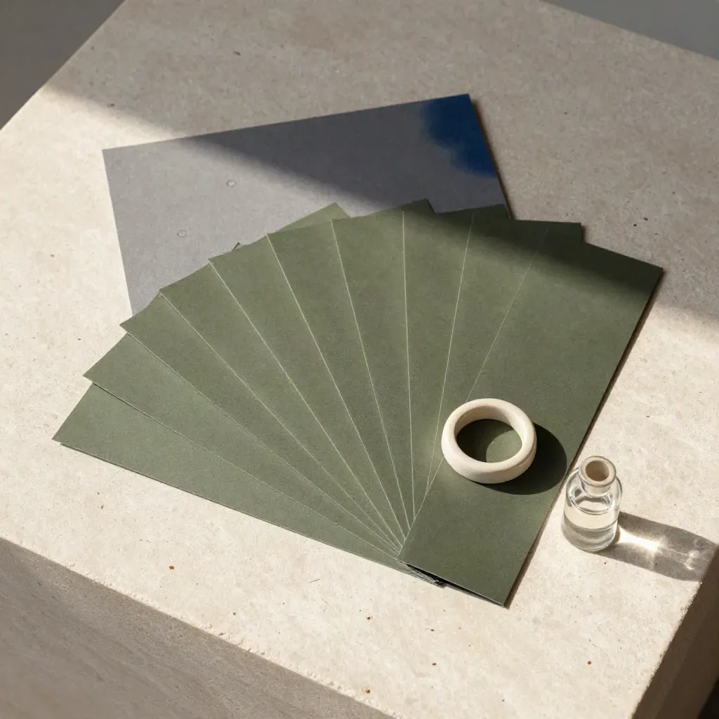 Overhead flatlay of a green ammonia model package with folder, ceramic ring and glass vial on pale stone.