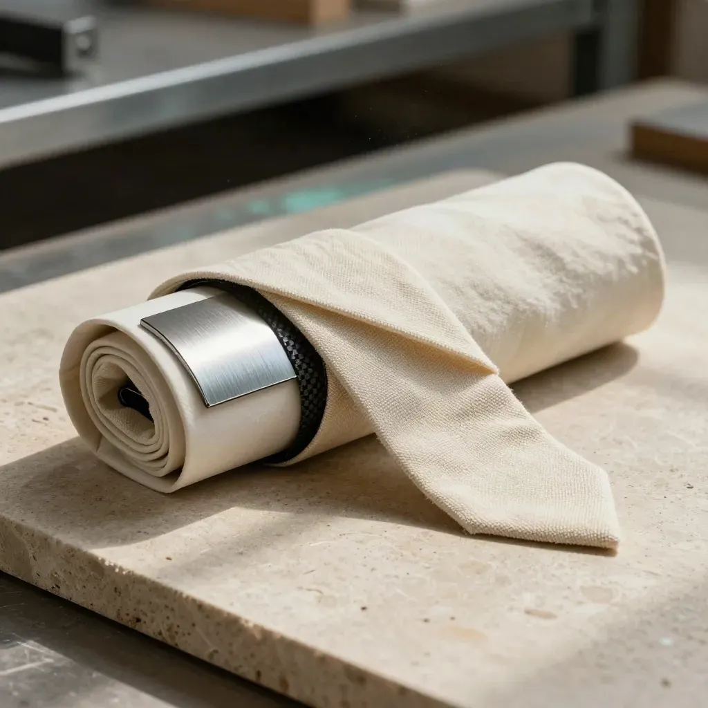 Cream-wrapped buyer pack with steel and carbon-fiber samples on stone, linen tie slipping.