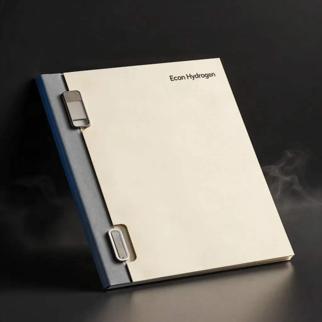 Blue-gray screening dossier with metal chip and translucent spacer on a dark studio surface.