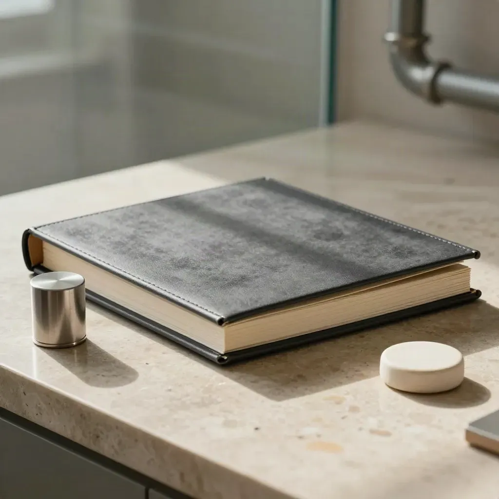 Graphite switch-study binder beside a ceramic sample and stainless cylinder on limestone, softly lit.