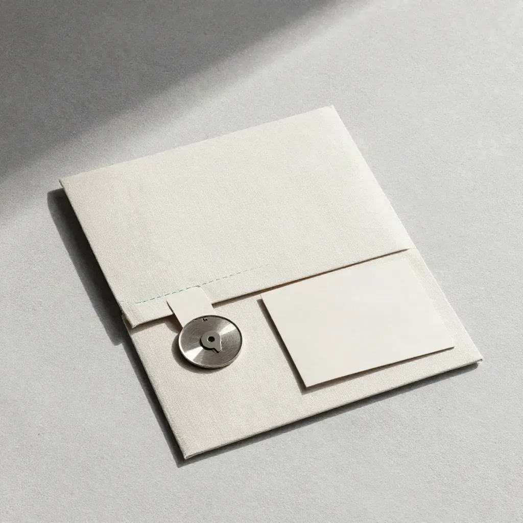 Overhead investor brief packet with sleeve, tag, and steel token on concrete.