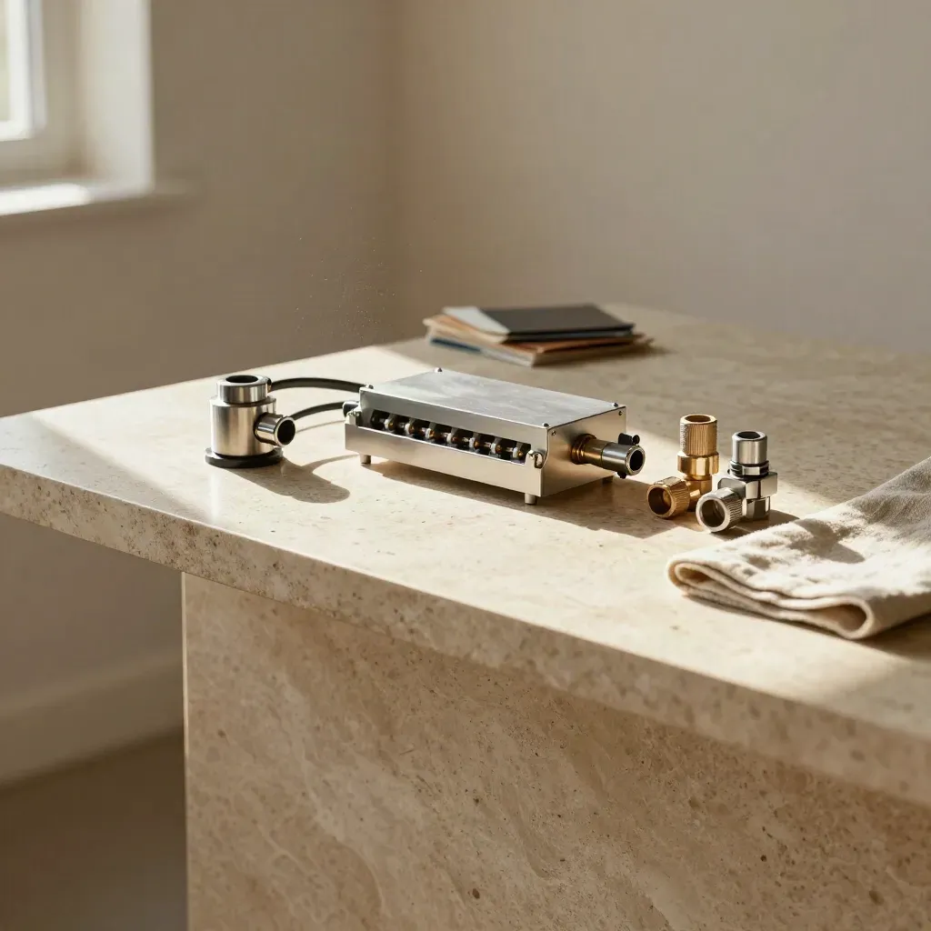Hydrogen project kit on travertine with warm light, linen, and steel parts