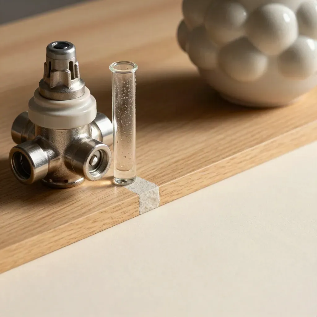 Oak surface with stone edge, brushed steel hydrogen fittings, ceramic vessels and soft shadow.